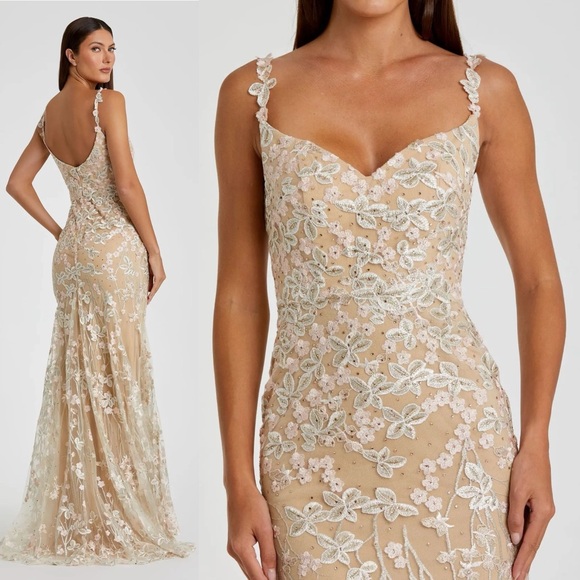 Mac Duggal Cream Floral Lace 12 Beige Embroidered Tulle Trumpet Gown Nude - Picture 2 of 13